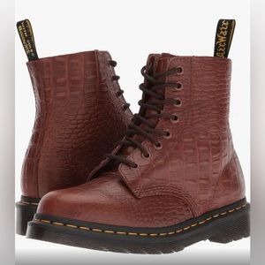 Dr. Martens Pascal Croc Print Boots Dark Brown Leather Lace up Women's